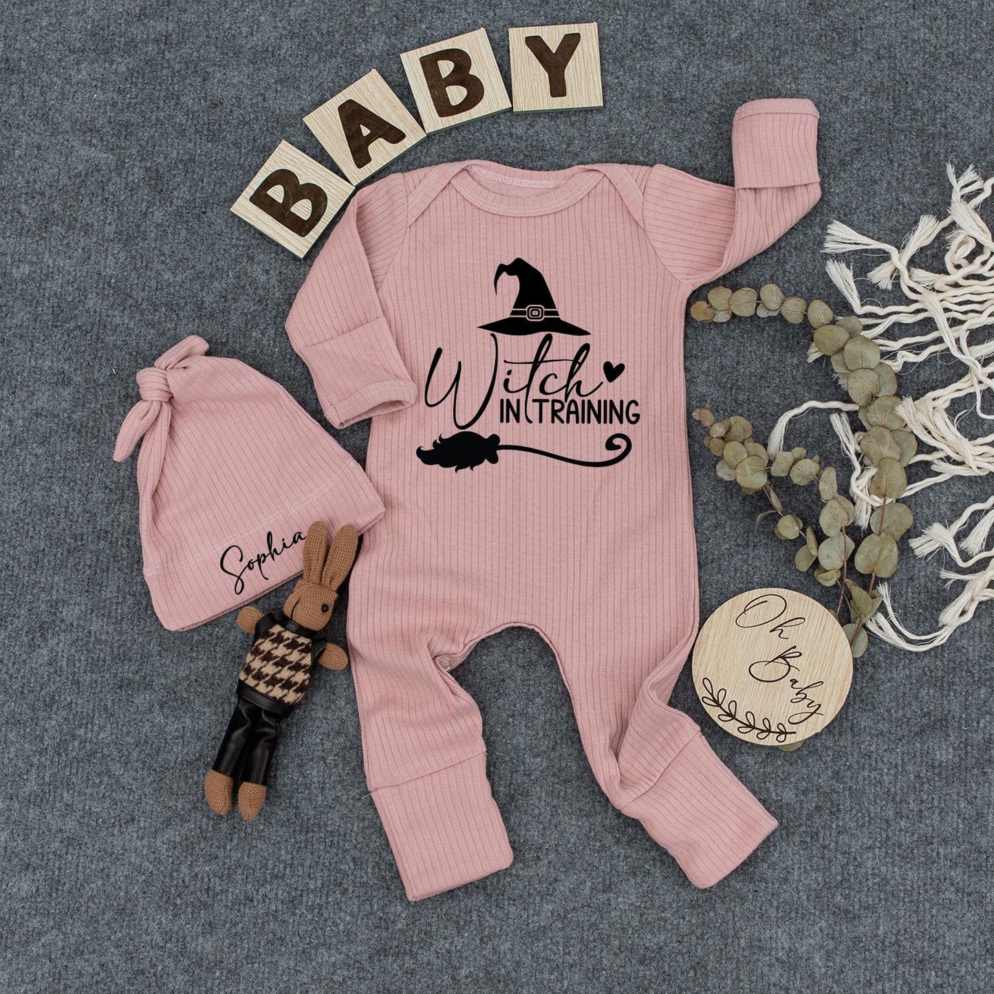 Custom Baby Witch in Training Bodysuit & Hat Set Cute Halloween Newborn Outfit Sophia Black Whimsical Witchy Design Romper New Mom Gift