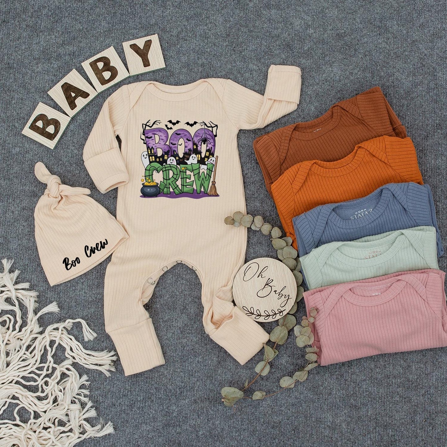 Boo Crew Baby Bodysuit & Hat Set, Spooky Halloween Newborn Outfit, Cute Ghost Romper, New Mom Gift, Playful Infant Clothes, Boho Vibes Party Costume, Soft Cotton
