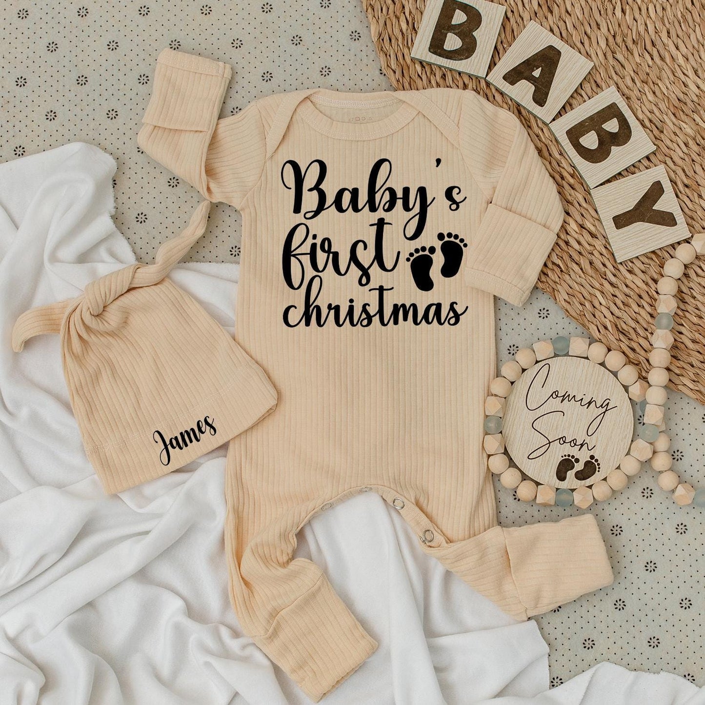 Baby's First Christmas Long Sleeve Romper, Whimsical Cursive Design, Newborn Holiday Gift, Footprint Accents, Soft Cotton Baby Clothes