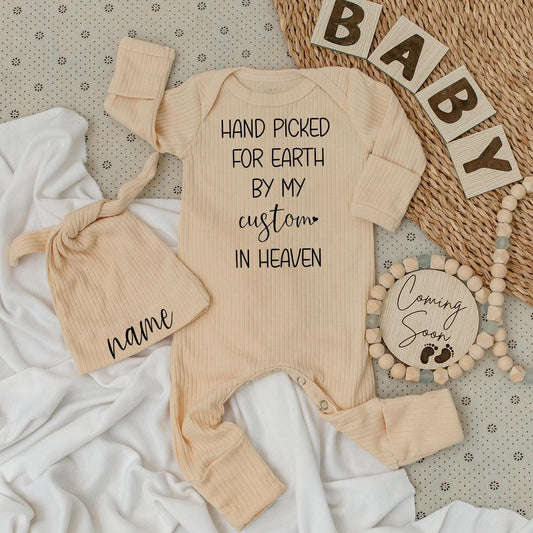 Hand Picked For Earth Baby Bodysuit & Hat Set, Sent From Heaven by Grandma, Custom Design Newborn Outfit Gift, Memorial Baby Boy or Girl Clothes (139 chars)