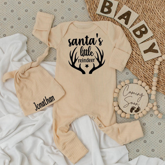 Santa's Little Reindeer Baby Bodysuit & Hat Set Cute 1st Xmas Outfit Personalized Name Romper Unisex Baby Gift Coming Soon