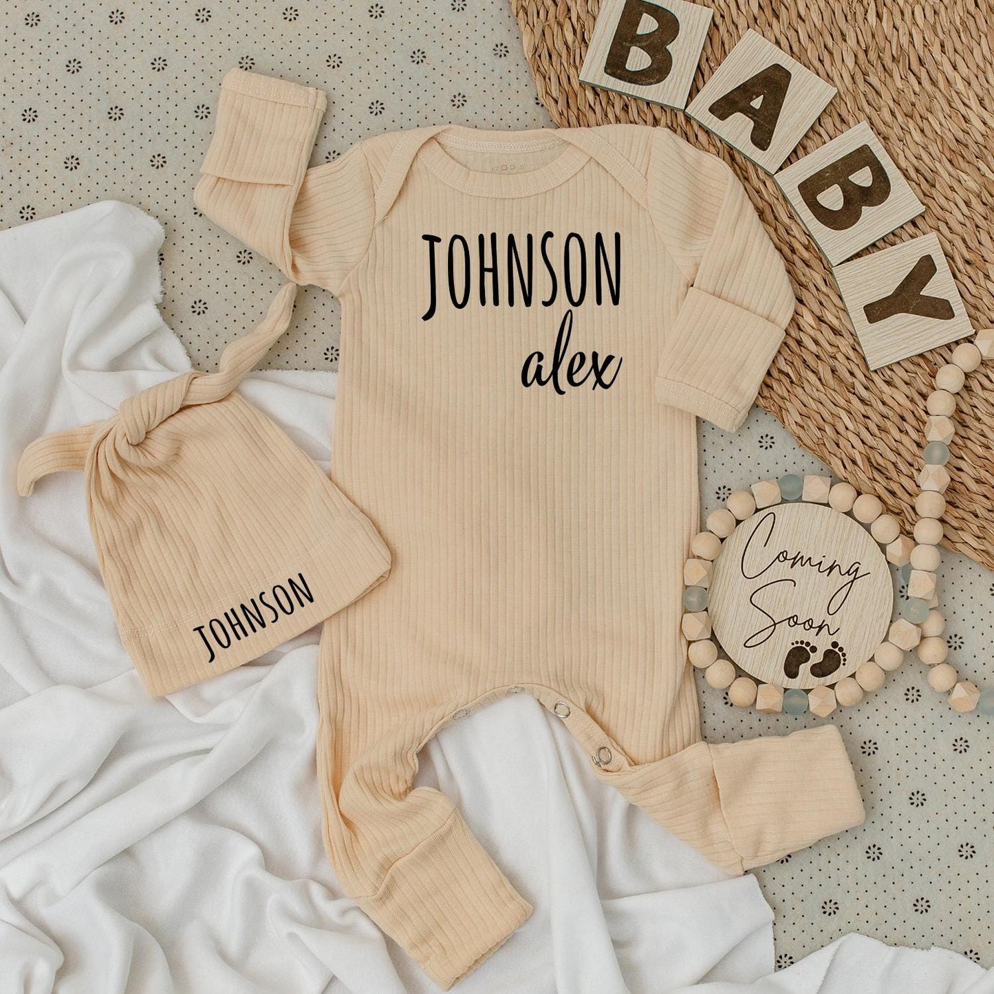 Custom Baby Announcement Bodysuit Hat Set with Modern 'JOHNSON alex' Black Name Print, Soft Newborn Infant Jumpsuit for Boy Girl Coming Soon Gift