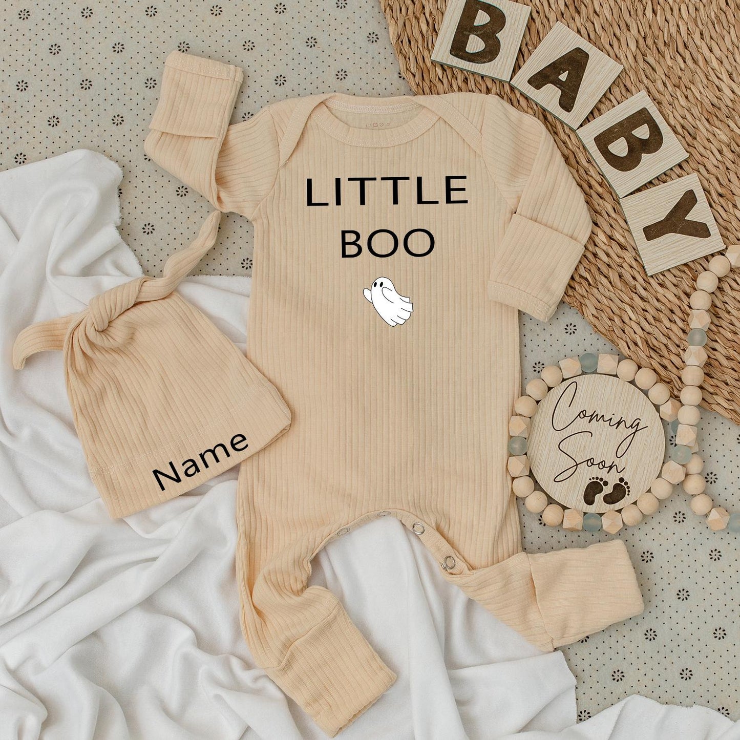 Little Boo Baby Bodysuit & Hat Set, Spooky Cute Halloween Outfit, Custom Name Romper, Ghost Jumpsuit, Fall Newborn Clothes, Perfect Baby Shower Gift (139)