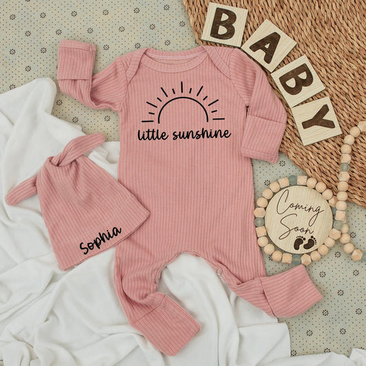 Personalized Little Sunshine Baby Bodysuit & Hat Set for Newborn Girl Gifts with Modern Black Ink Sun Design Comfortable Cotton First Birthday