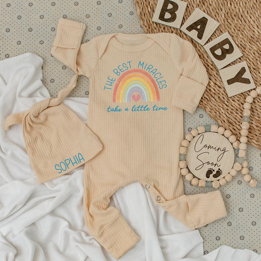 Personalized 'The Best Miracles' Baby Bodysuit & Hat Set with Sweet Pastel Rainbow Design Pink Heart Muted Teal Baby Girl Newborn Gift