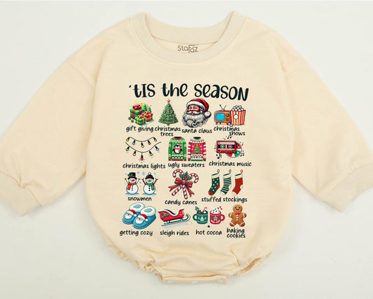 Matching 'Tis the Season Christmas Family Sweatshirts & Baby Romper Set | Retro Holiday Design for Baby & Toddler
