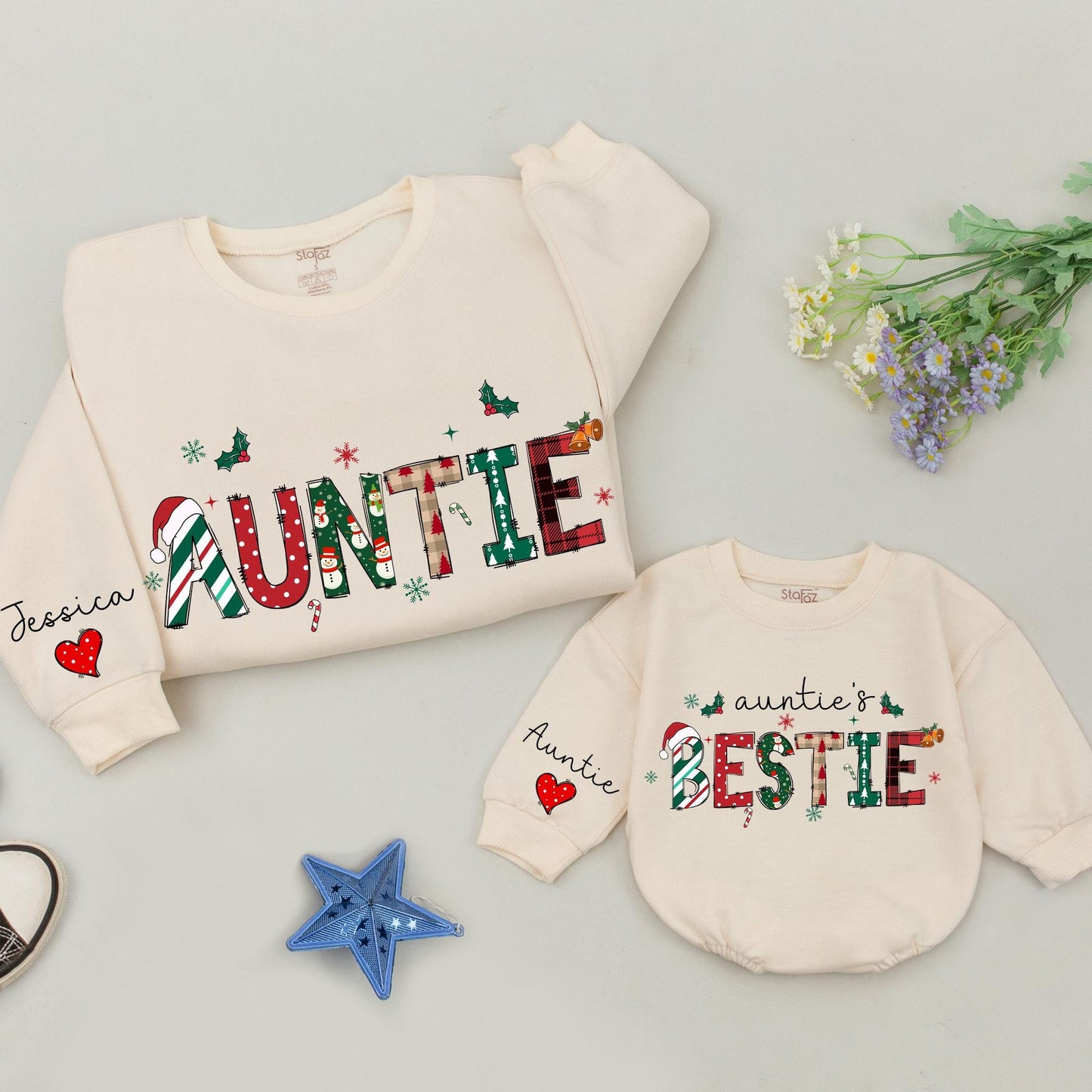 Personalized Auntie & Bestie Christmas Sweatshirts Festive Red Green Stripe Snowman Plaid Holly Candy Cane Santa Hat Whimsical Holiday Gift for Aunt Nephew