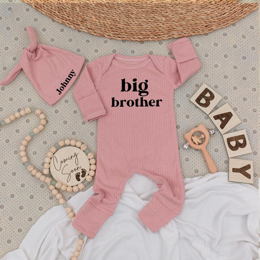 Big Brother Bodysuit & Personalized Johnny Hat Set | Natural Baby Announcement Outfit Coming Soon | Newborn Boy Clothes, Baby Shower Gift Idea 136