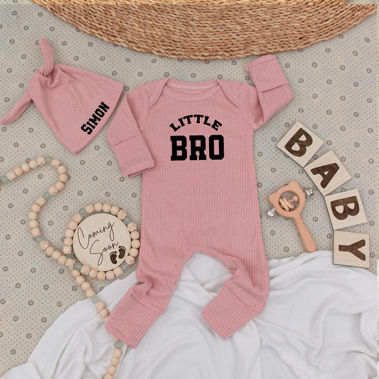 Little Brother Bodysuit and Hat Set Black Text "LITTLE BRO" "SIMON" Newborn Boy Gift Minimalist Modern Baby Outfit