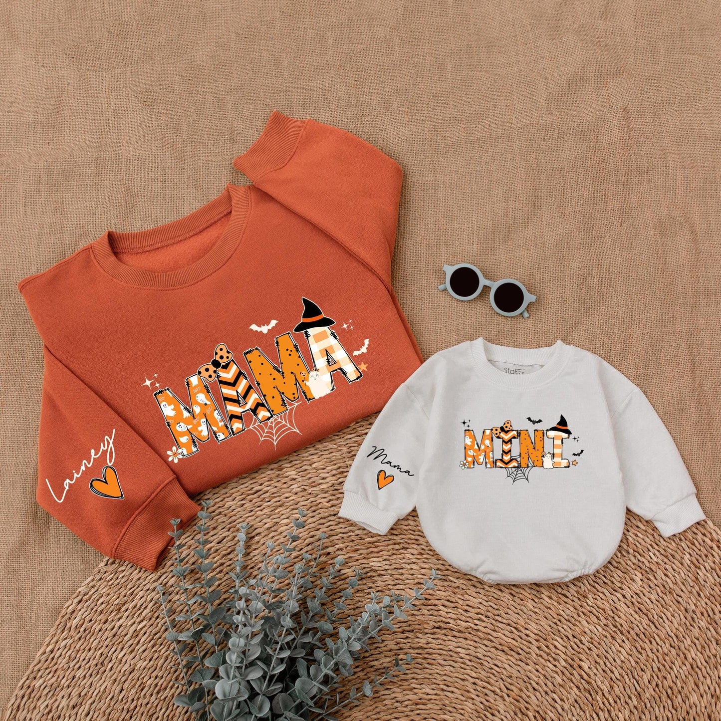 Custom Mama and Mini Halloween Sweatshirts Cute Ghost Spiderweb Design Spooky Season Matching Mom and Me Outfit Orange Black Witch Bat Stars