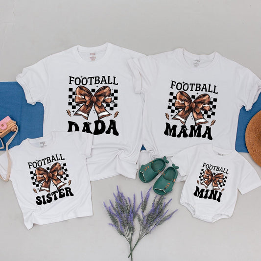 Football Family Matching Shirts DADA MAMA SISTER MINI with Checkerboard Bow Design for Football Season Gifts Baby Romper