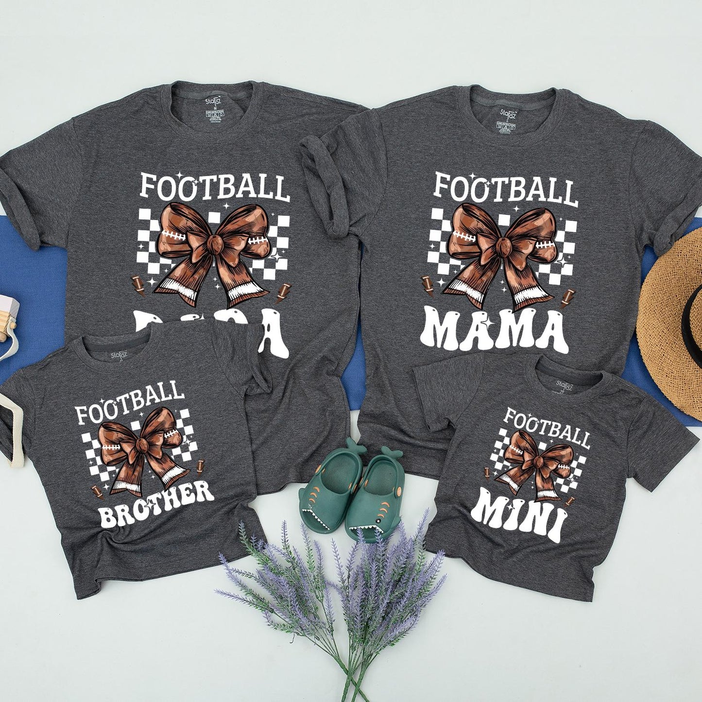 Football Family Matching Shirts DADA MAMA SISTER MINI with Checkerboard Bow Design for Football Season Gifts Baby Romper