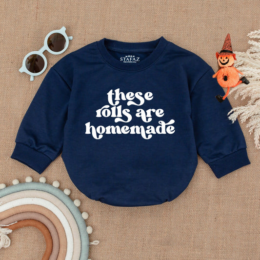 Homemade Rolls Baby Bodysuit: Retro Thanksgiving Outfit, Funny Fall Bodysuit, Infant Romper, Kids Sweater, Newborn Clothes, Vintage Brown Text 138