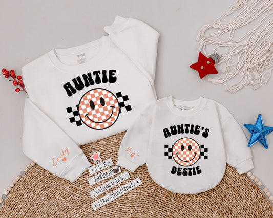 Matching Auntie Bestie Sweatshirts: Personalized Aunt & Me Outfits, Custom Emily & Mama Sleeves, Fun Checkered Smiley, Family Gifts for Baby Shower (139 chars)