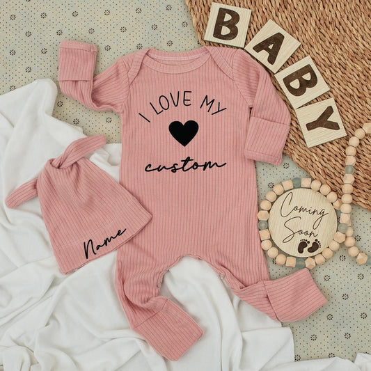 I Love My Custom Name Baby Bodysuit & Hat Set - Minimalist Newborn Outfit Coming Soon Personalized Infant Clothes Shower Gift Long Sleeve Romper 137