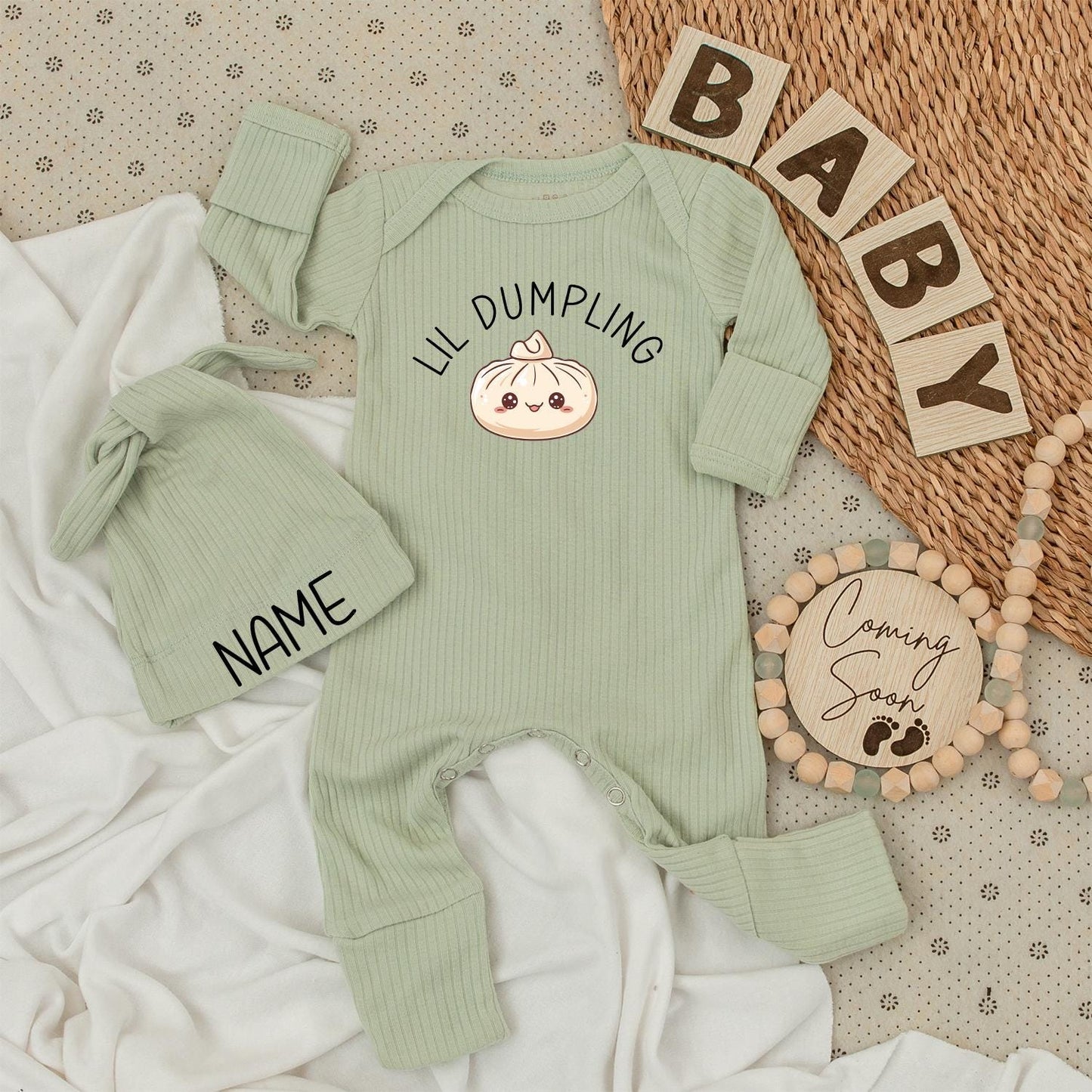 Lil Dumpling Personalized Baby Outfit Set | Newborn Coming Home Outfit with Hat | Cute Baby Shower Gift Long Sleeve Jumpsuit Custom Name (139 chars)