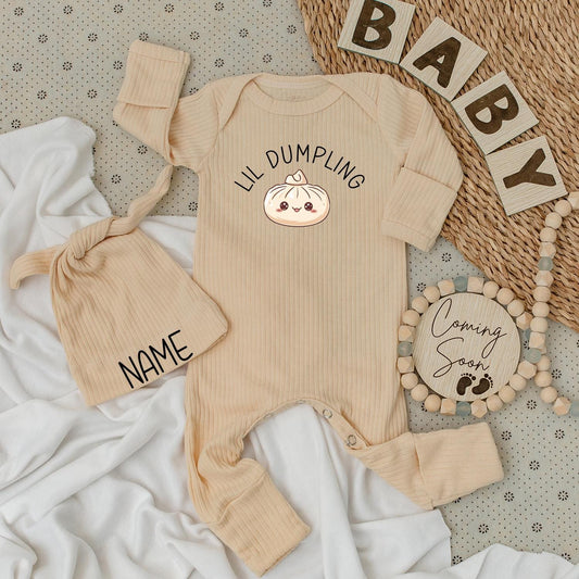 Lil Dumpling Personalized Baby Outfit Set | Newborn Coming Home Outfit with Hat | Cute Baby Shower Gift Long Sleeve Jumpsuit Custom Name (139 chars)
