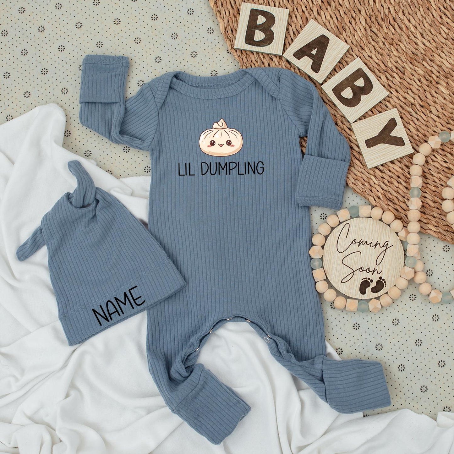 Personalized Lil Dumpling Kawaii Newborn Baby Bodysuit and Hat Set Long Sleeve Coming Home Outfit Adorable Infant Shower Gift Jumpsuit