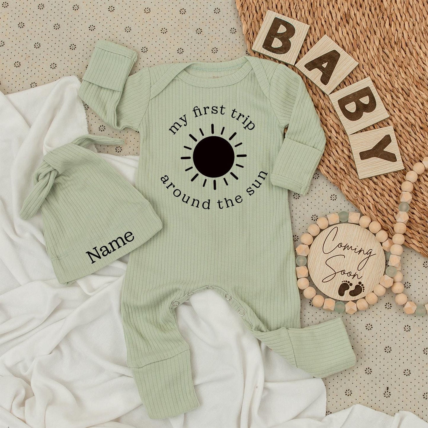 Personalized My First Trip Around The Sun Baby Bodysuit Hat Set Newborn Going Home Outfit Custom Name Modern Infant Romper Shower Gift