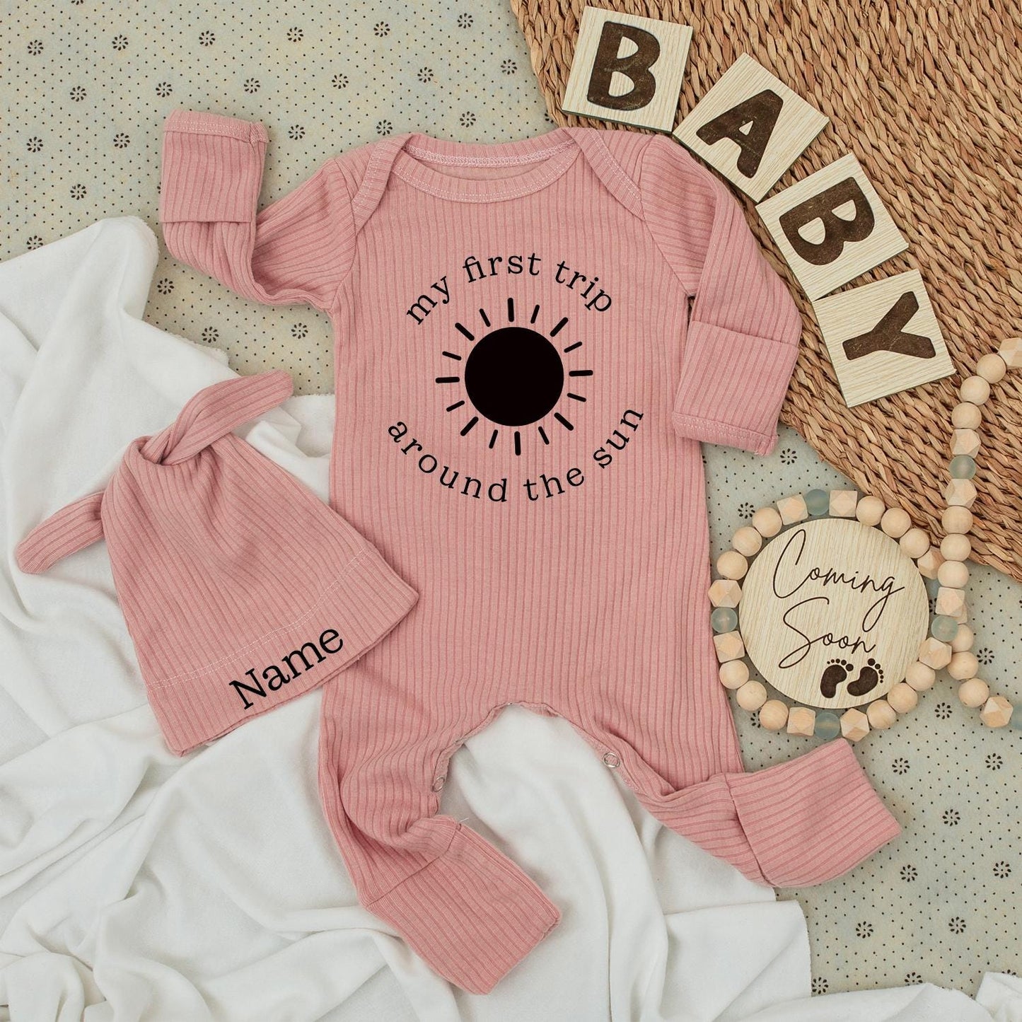 Personalized My First Trip Around The Sun Baby Bodysuit Hat Set Newborn Going Home Outfit Custom Name Modern Infant Romper Shower Gift