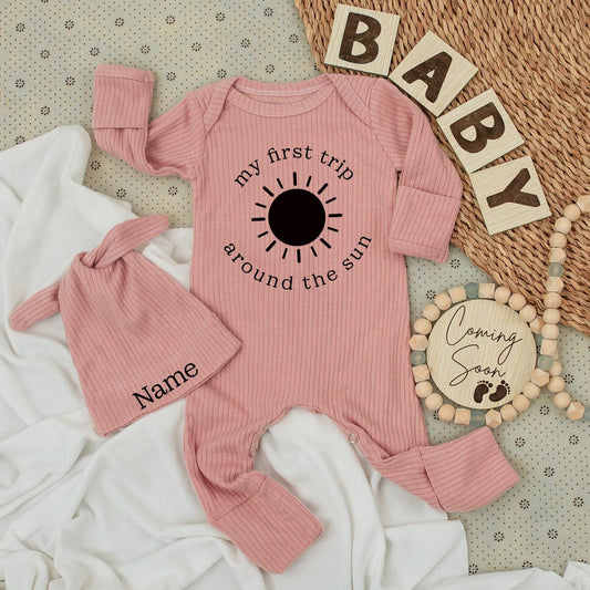 Personalized My First Trip Around The Sun Baby Bodysuit Hat Set Newborn Going Home Outfit Custom Name Modern Infant Romper Shower Gift