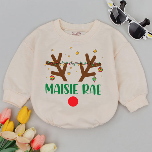 Holiday Reindeer Bubble Romper - 1st Xmas Personalized Baby Outfit