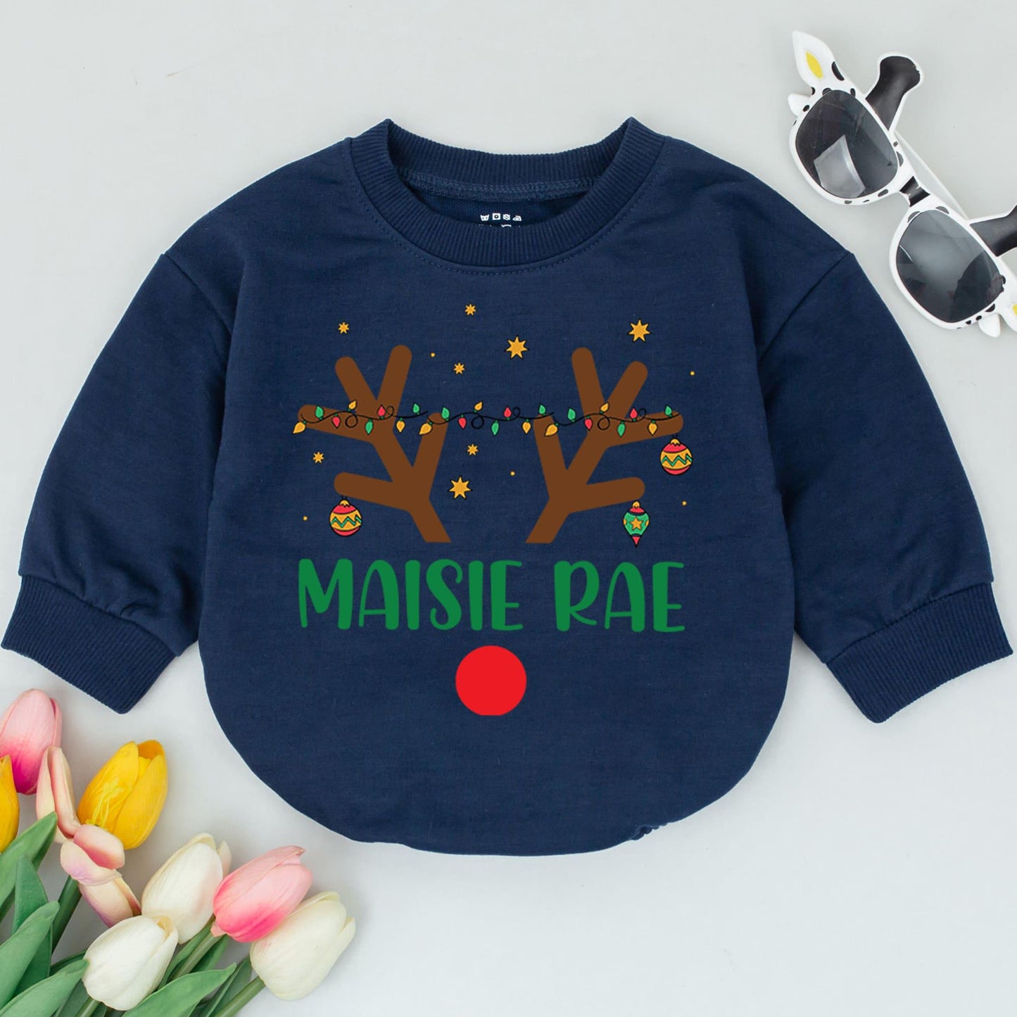 Holiday Reindeer Bubble Romper - 1st Xmas Personalized Baby Outfit
