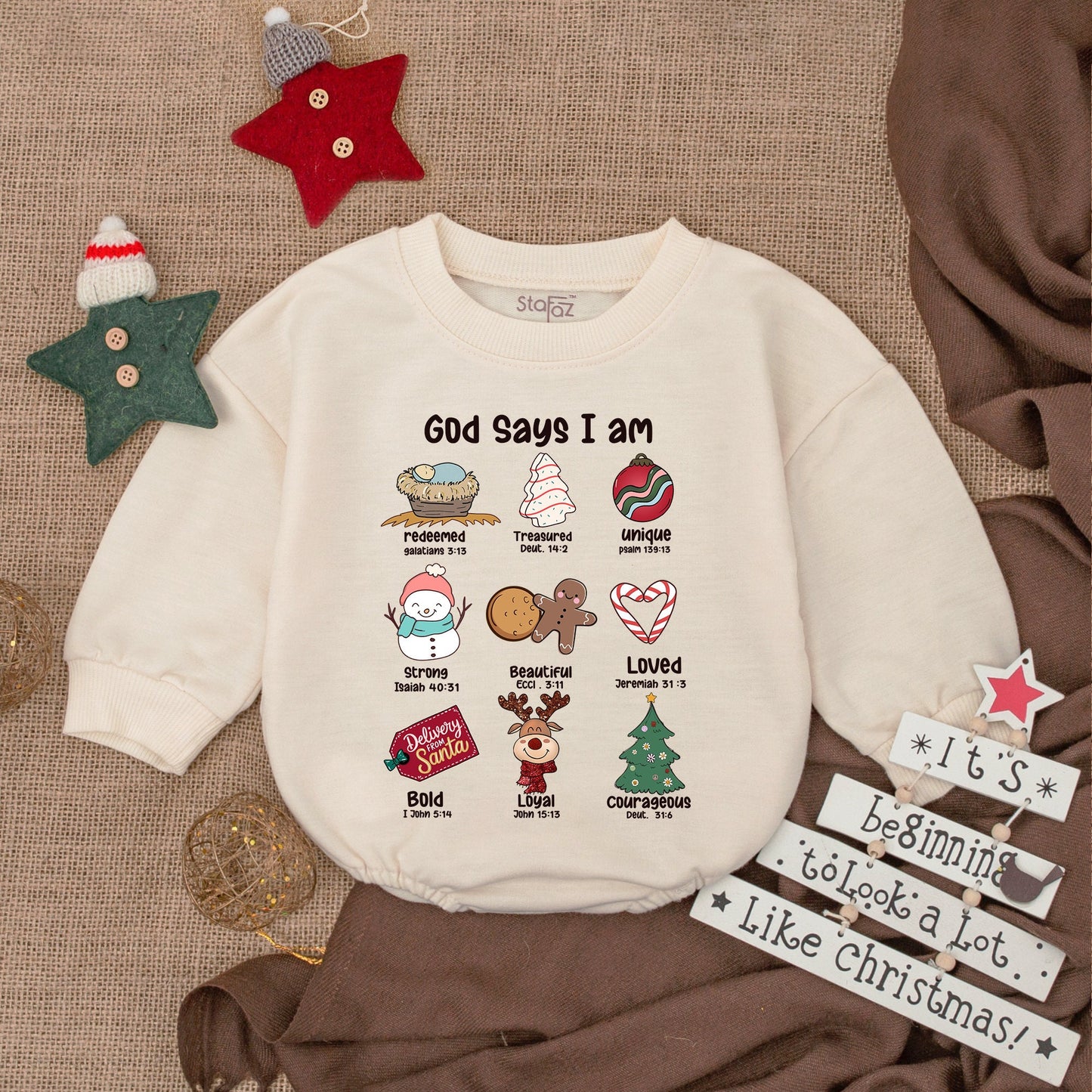 God Says I am Christmas Baby Romper Unique Loved Redeemed Courageous Baby's First Christmas Outfit Cute Cartoon Graphics Newborn Bodysuit Holiday Gift