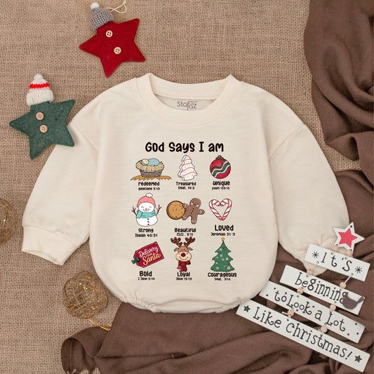 God Says I am Christmas Baby Romper Unique Loved Redeemed Courageous Baby's First Christmas Outfit Cute Cartoon Graphics Newborn Bodysuit Holiday Gift