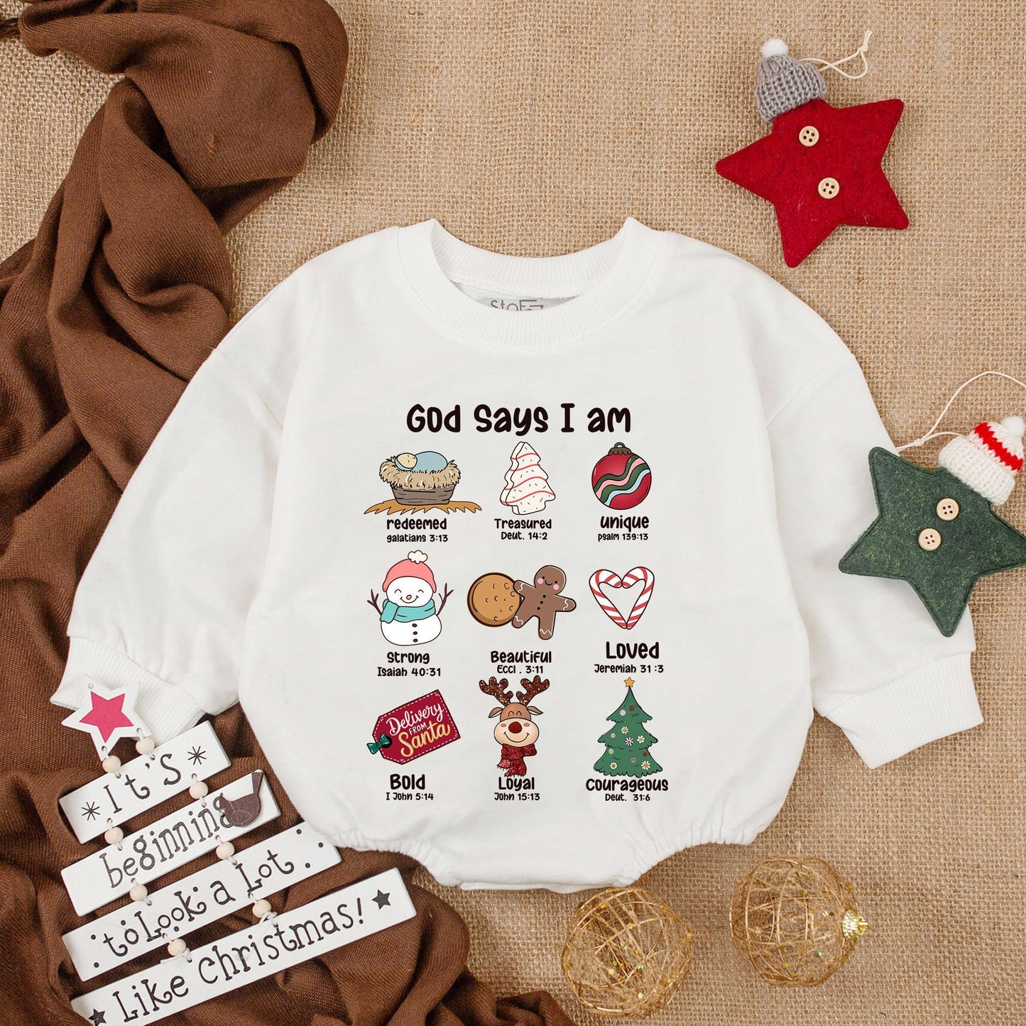 God Says I am Christmas Baby Romper Unique Loved Redeemed Courageous Baby's First Christmas Outfit Cute Cartoon Graphics Newborn Bodysuit Holiday Gift