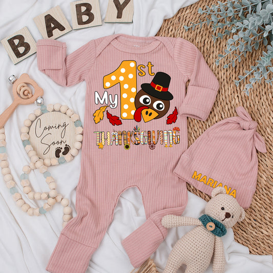 My First Thanksgiving Baby Bodysuit & Hat Set Newborn Boy Girl Thanksgiving Outfit Long Sleeve Coming Home Gift