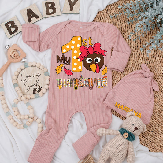 My 1st Thanksgiving Baby Bodysuit & Hat Set Cute Cartoon Turkey Polka Dot Outfit Newborn Girl Gift Long Sleeve