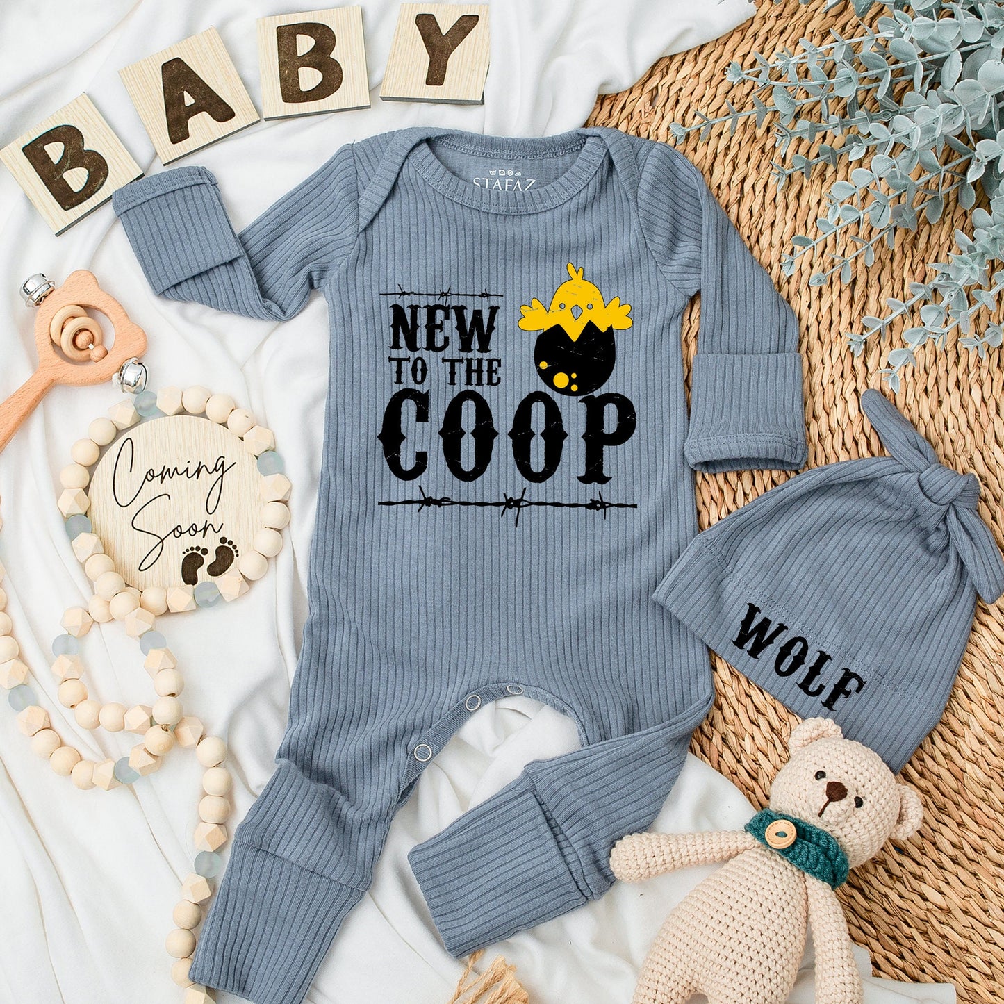 New to the Coop Baby Bodysuit Cute Country Outfit Baby Announcement Gift for Farm Showers Black and White Chick Design Rustic Barbed Wire Detailing 138