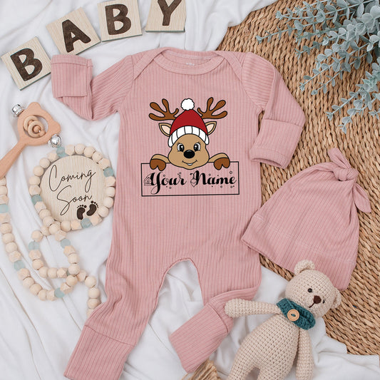 Personalized Boy Reindeer Christmas Outfit Cute Name Bodysuit and Hat Silky Soft Long Sleeve Romper Going Home Newborn Gift