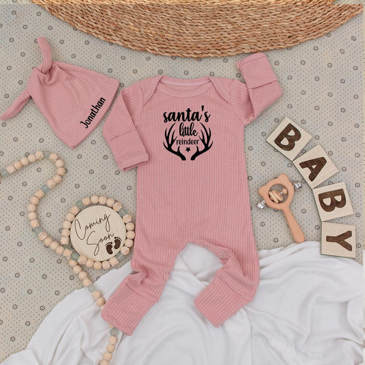 Santa's Little Reindeer Baby Bodysuit & Hat Set Cute 1st Xmas Outfit Personalized Name Romper Unisex Baby Gift Coming Soon