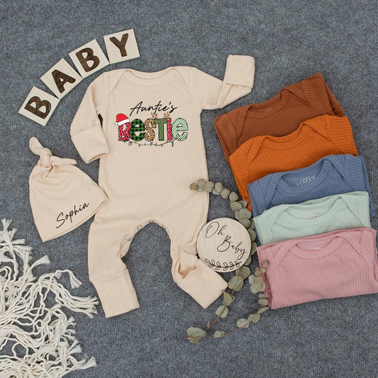 Auntie's Bestie Christmas Bodysuit & Hat Set, Santa, Newborn Outfit, Holiday Baby, Cute 1st Xmas Gift, Long Sleeve Romper, Aunt Niece Outfit  (139 chars)
