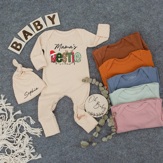Mama's Bestie Christmas Bodysuit & Hat Set Newborn Baby Girl Boy Outfit Festive Santa Holiday Jumpsuit Coming Home Gift First Christmas