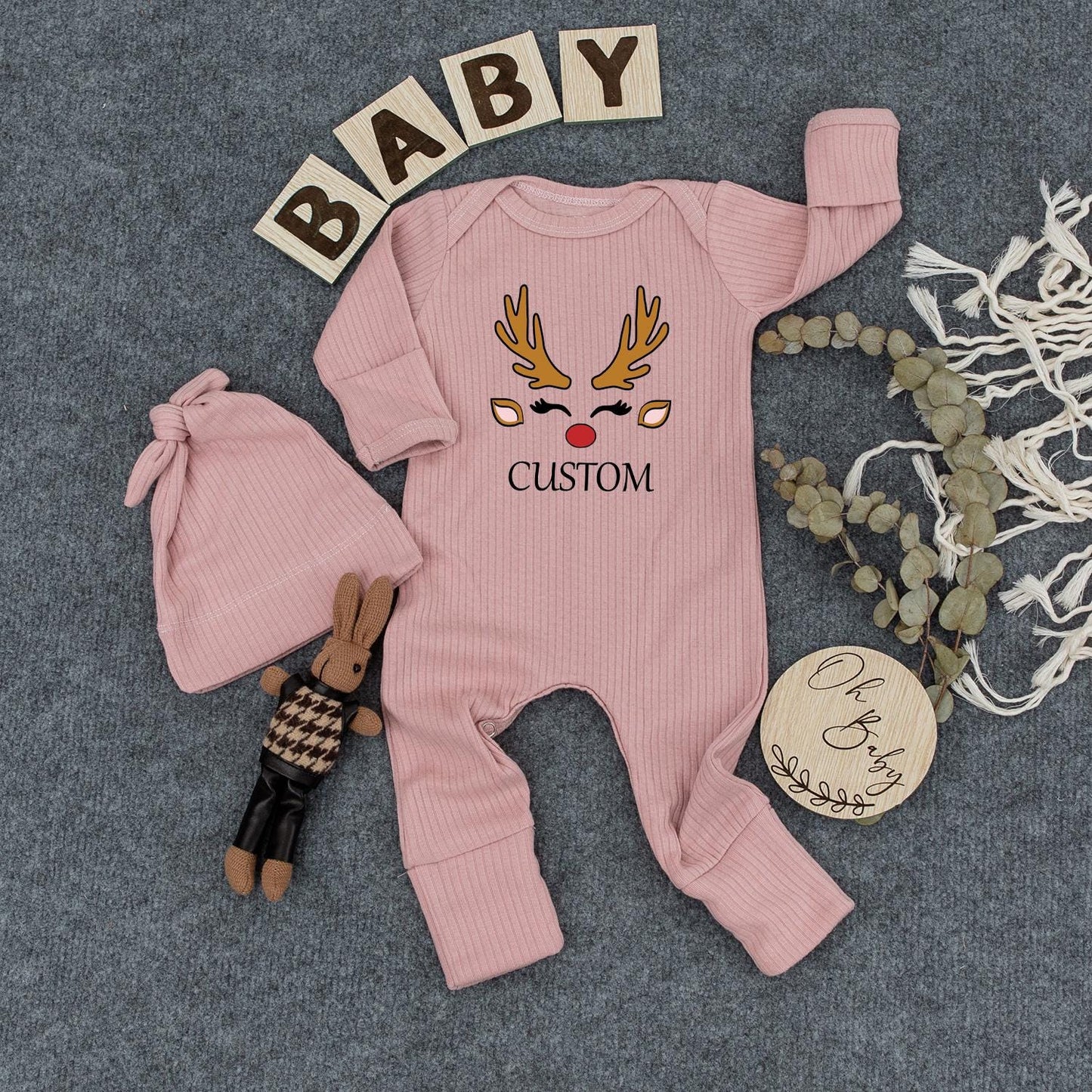 Custom Name Christmas Reindeer Face Baby Bodysuit & Hat Set, Newborn Gift, 1st Christmas Outfit, Red Nose, Brown Antlers