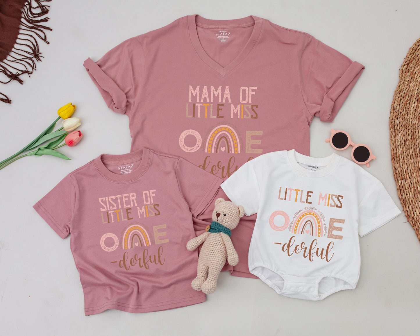 Boho Rainbow First Birthday Shirt Little Miss ONEderful Cake Smash Outfit Girls Birthday Family Matching Rainbow