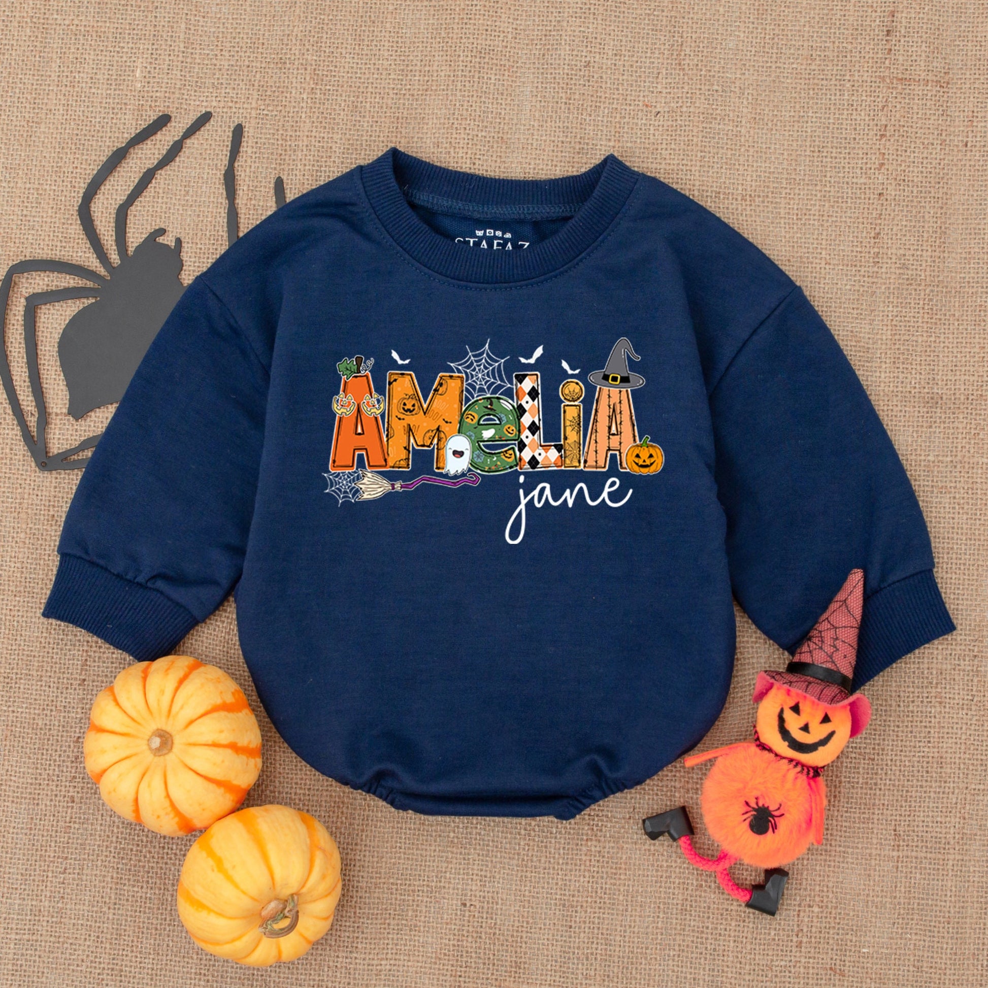 Amelia Jane Halloween Baby Outfit - Whimsical Pumpkin Romper for Baby Girl or Boy - Cute Halloween Costume Gift Idea