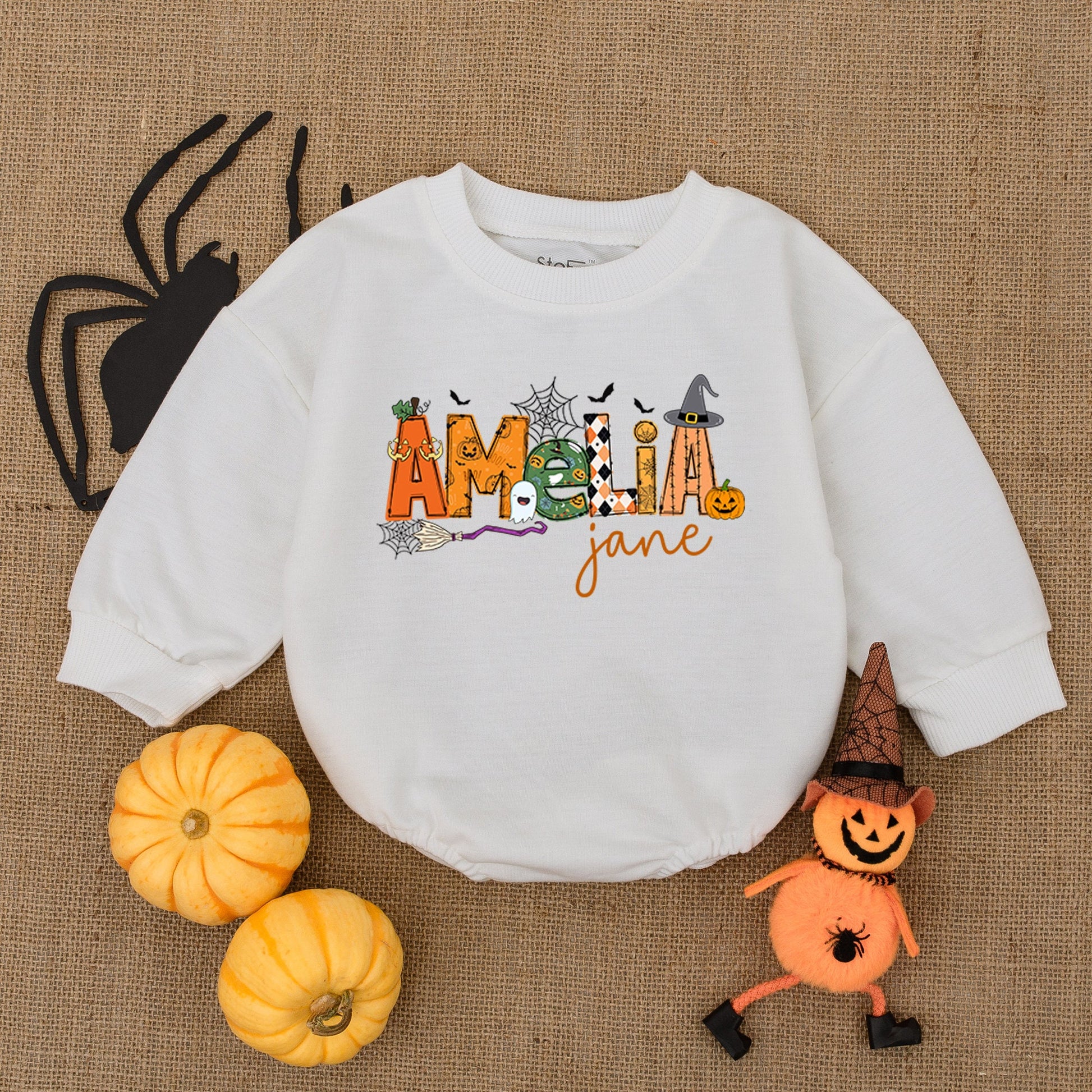 Amelia Jane Halloween Baby Outfit - Whimsical Pumpkin Romper for Baby Girl or Boy - Cute Halloween Costume Gift Idea
