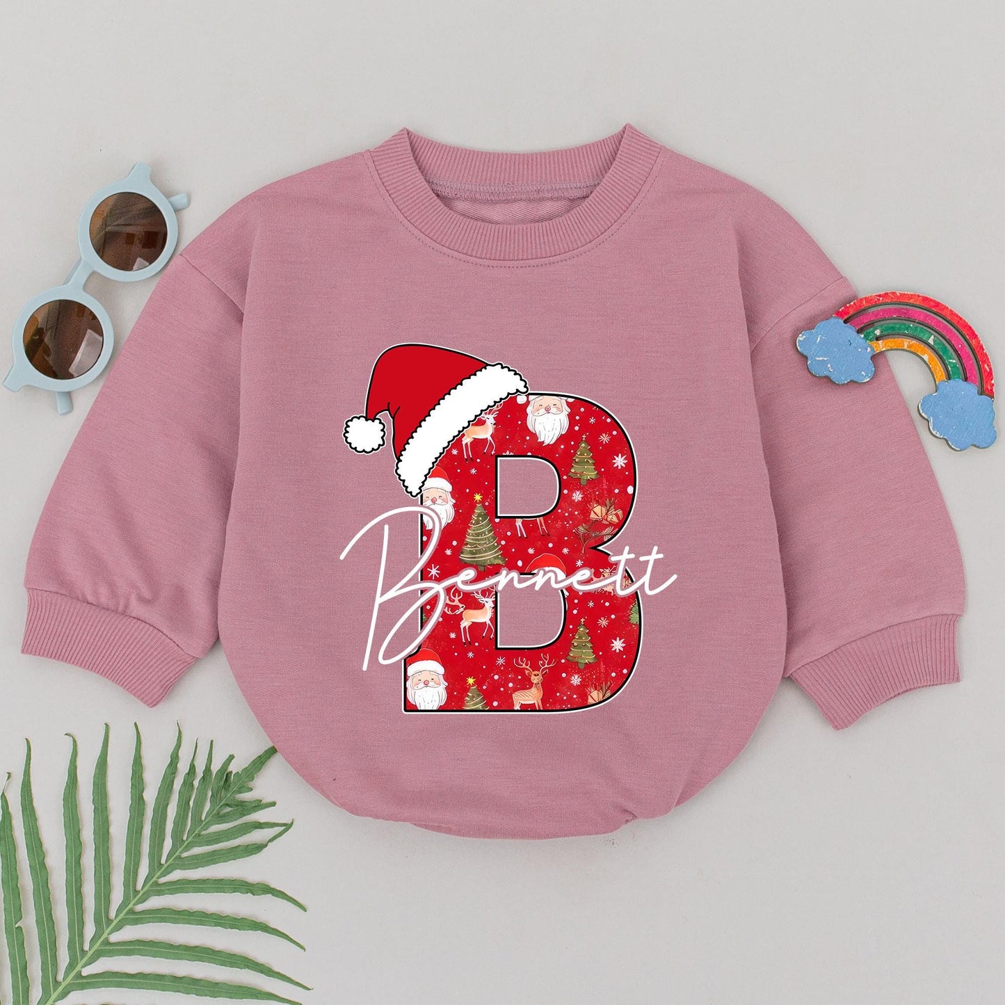 Festive "B" for Bennett Baby Romper Red Santa Hat Christmas Outfit 1st Birthday Gift Newborn Boy Girl