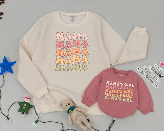 Mommy and Me Matching Retro Mama & Mama's Girl Sweatshirts 70s Stacked Text Pink Peach Orange Green Warm Colors Cozy Holiday Gift