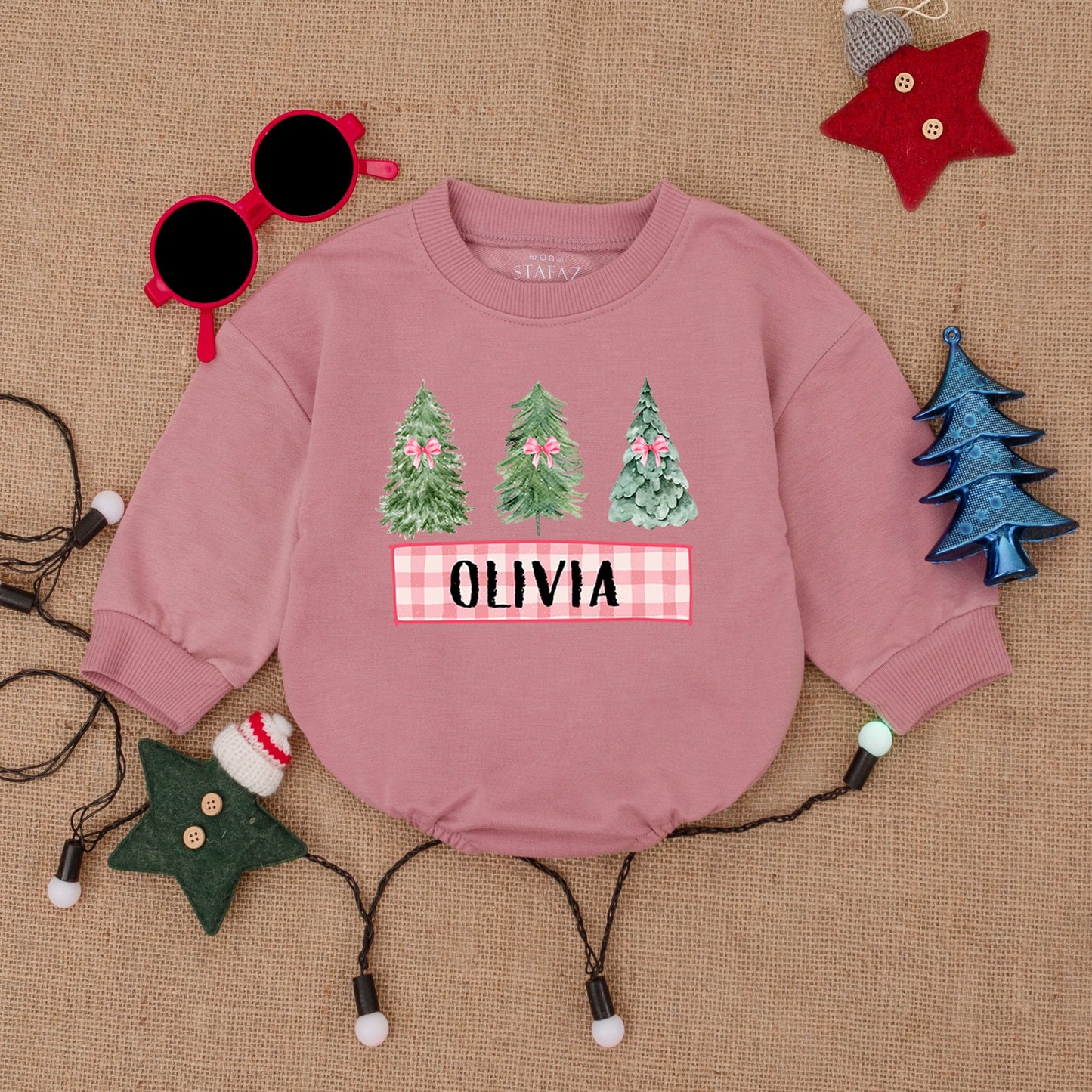 Cute Christmas Trees Romper Baby Outfit Personalized Name Pink Bow Gingham Banner Toddler First Christmas Clothes Cozy Holiday Gift