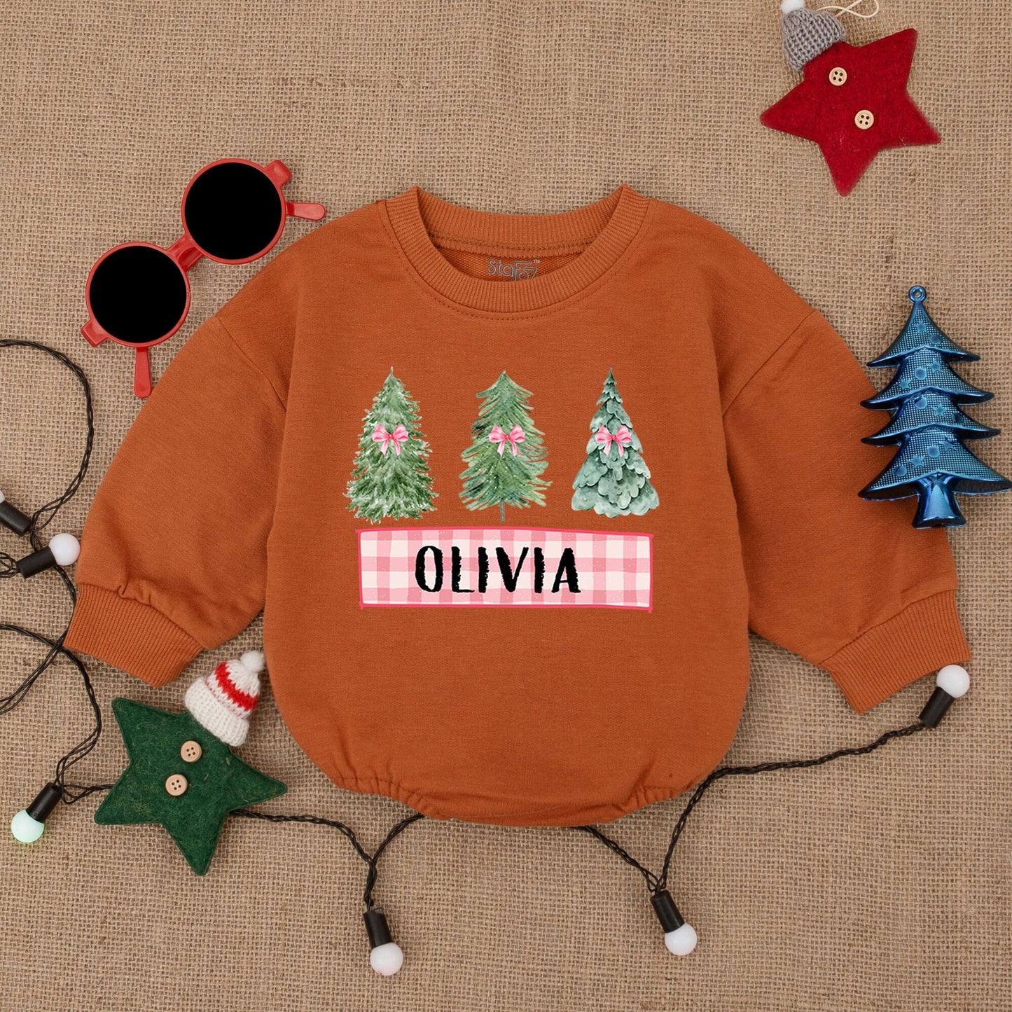 Cute Christmas Trees Romper Baby Outfit Personalized Name Pink Bow Gingham Banner Toddler First Christmas Clothes Cozy Holiday Gift