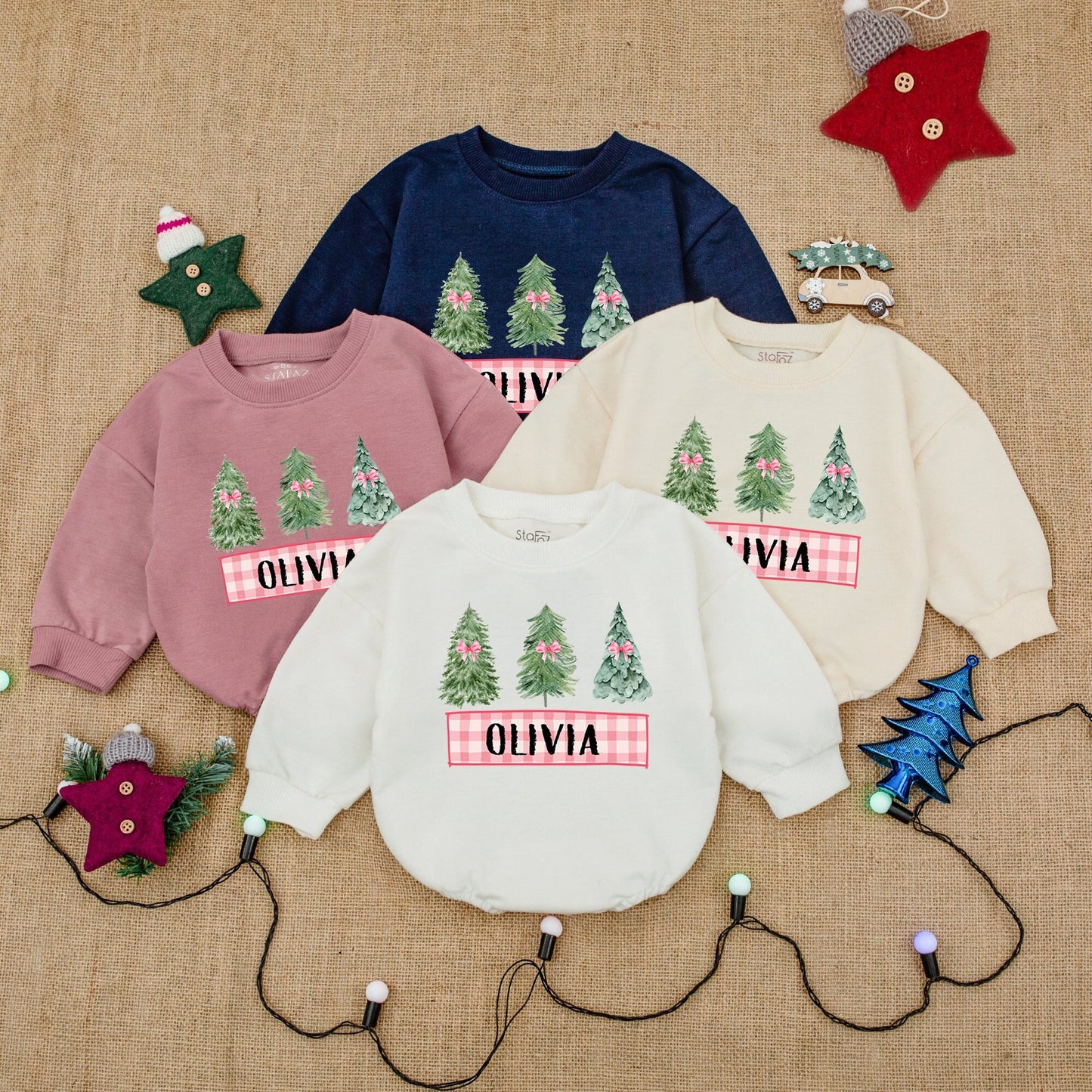 Cute Christmas Trees Romper Baby Outfit Personalized Name Pink Bow Gingham Banner Toddler First Christmas Clothes Cozy Holiday Gift