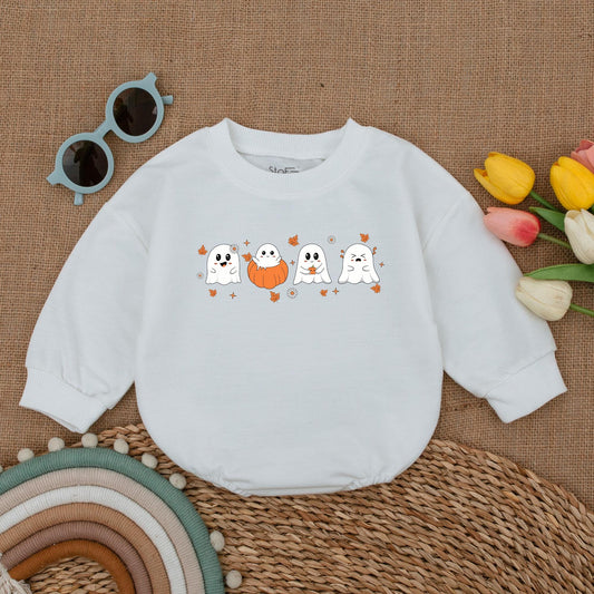 Cute Ghost & Pumpkin Halloween Baby Romper Outfit Newborn First Costume Fall Clothes Adorable White Orange Black Playful Bodysuit