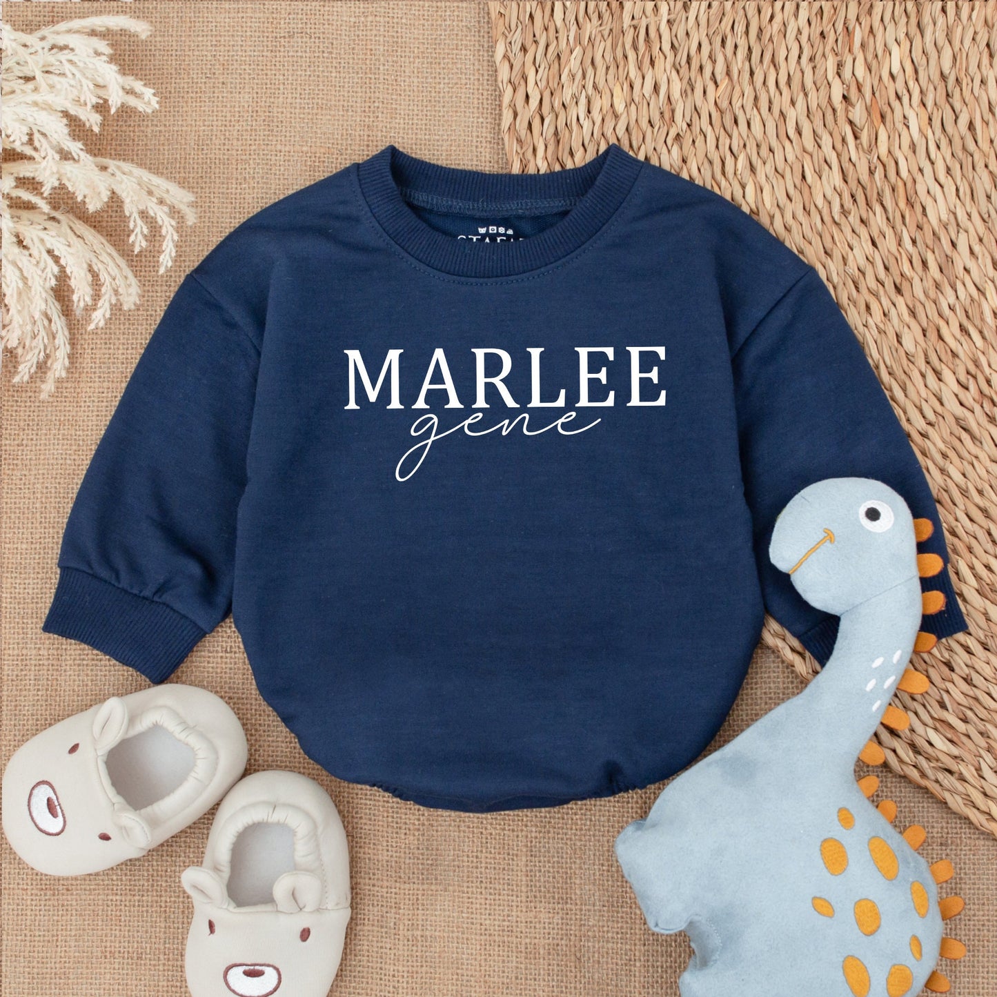 Oversized Custom Name Baby Romper Bubble Romper Modern Blue Baby Sweatshirt with Bold & Cursive Text Personalized Gift for Infants