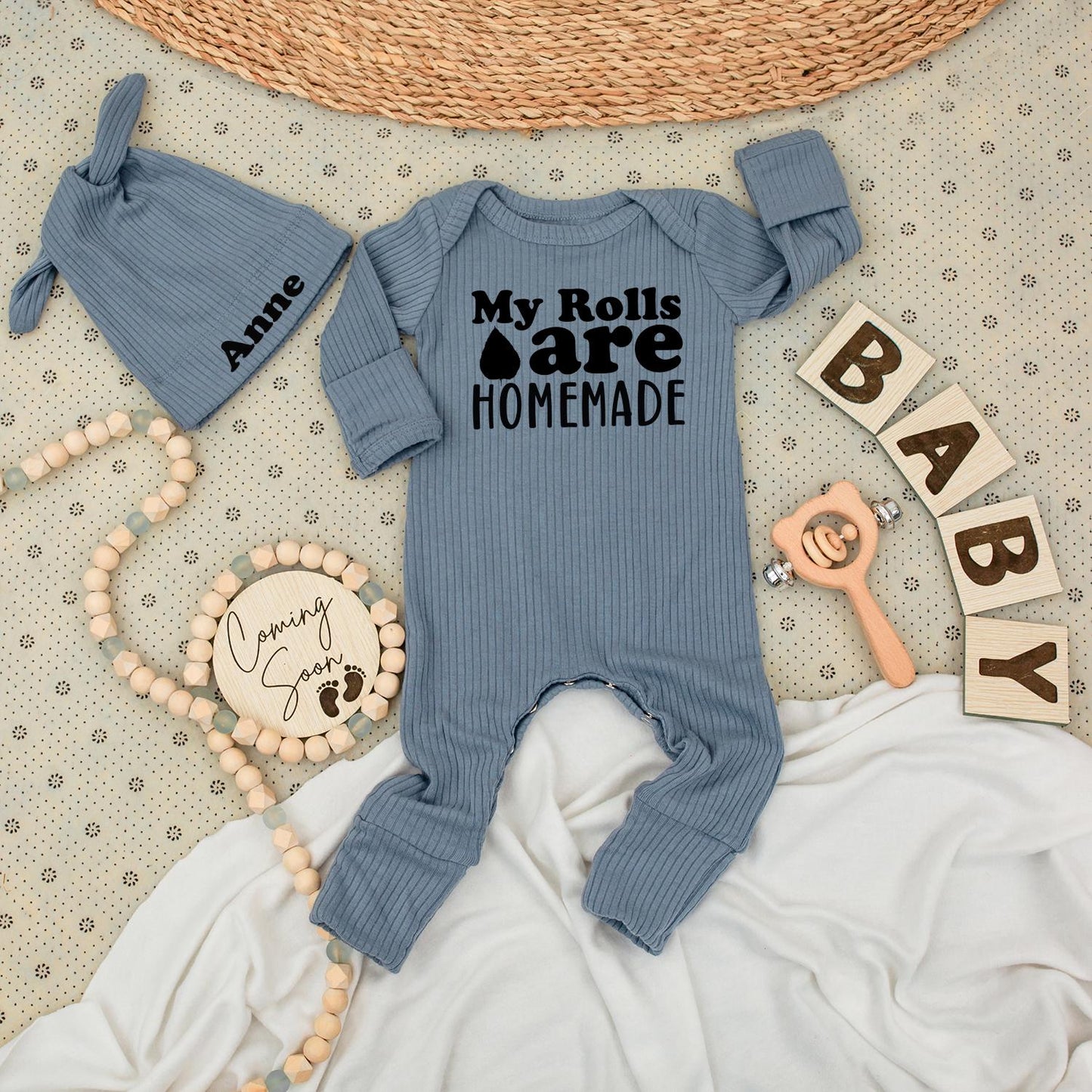 My Rolls Are HOMEMADE Baby Bodysuit Anne Hat Set Minimalist Newborn Gift Going Home Outfit Gender Neutral Cute Baby Announcement Thanksgiving Shower Clothes