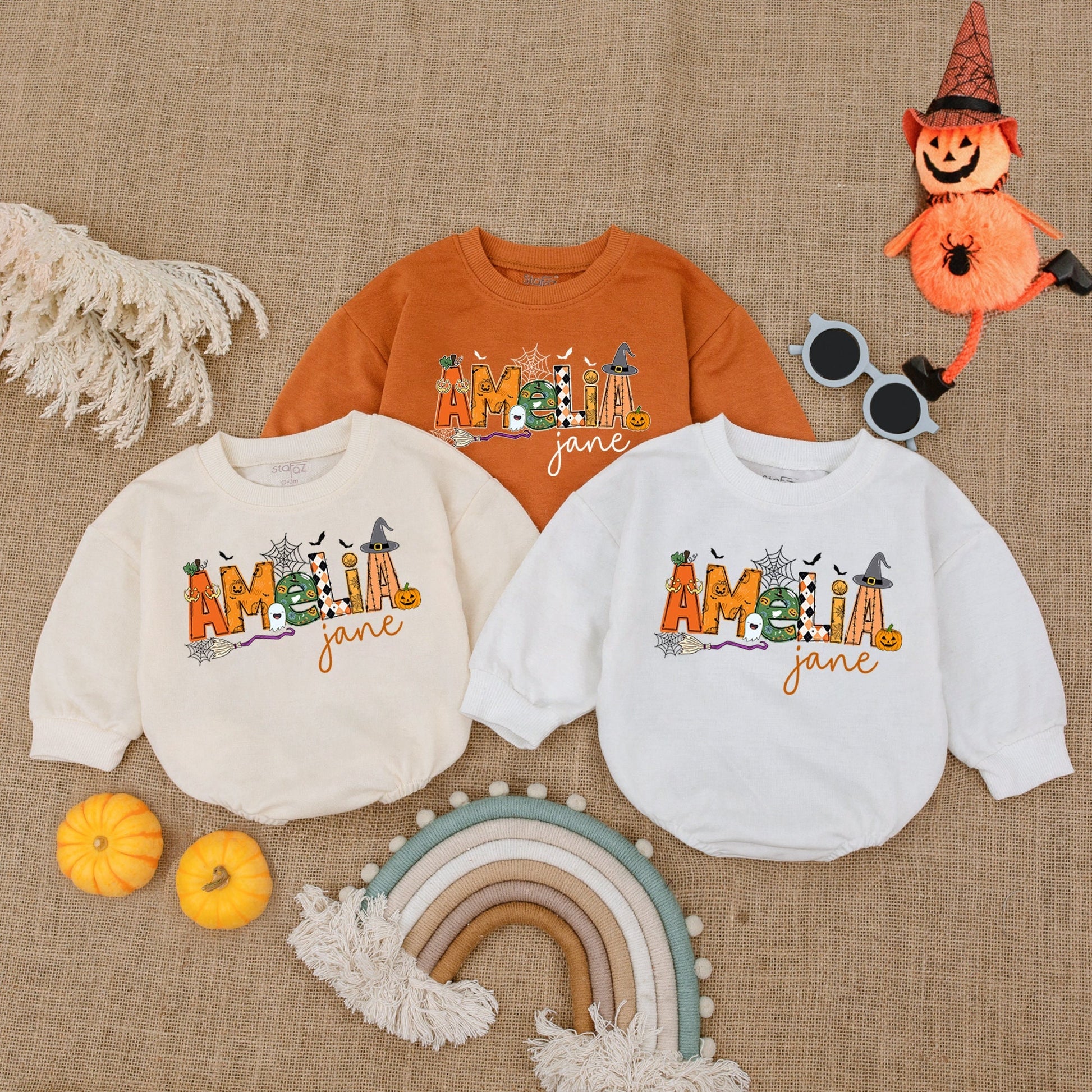 Amelia Jane Halloween Baby Outfit - Whimsical Pumpkin Romper for Baby Girl or Boy - Cute Halloween Costume Gift Idea